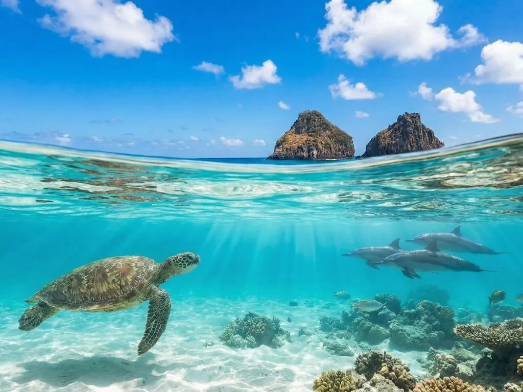 Mergulho com tartaruga marinha em águas cristalinas de Fernando de Noronha durante o verão.