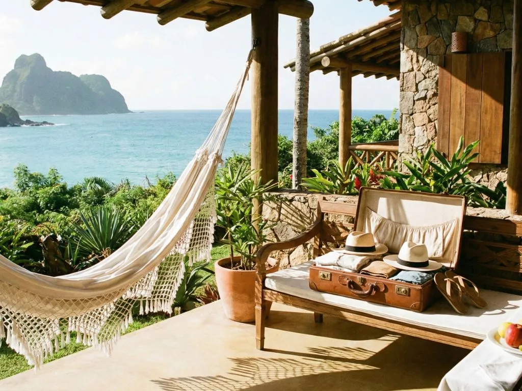 Varanda de pousada rústica em Fernando de Noronha com rede e vista para o mar.