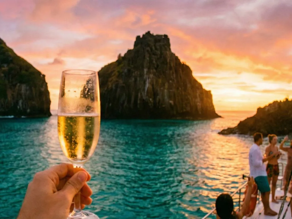 Brinde de Ano Novo com taça de espumante em frente ao Morro Dois Irmãos na Baía dos Porcos, Fernando de Noronha.