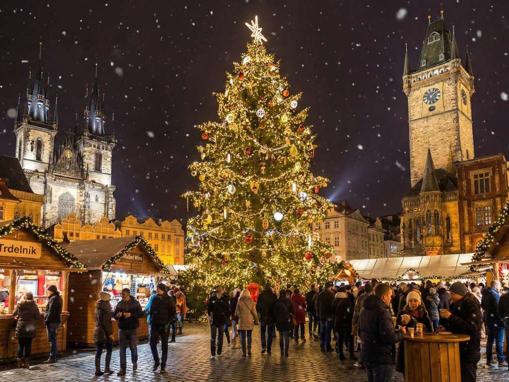 A Praça da Cidade Velha (Old Town Square) é o coração do Natal em Praga. Com o relógio astronômico ao fundo e barracas de madeira gótica, o visual é inesquecível.