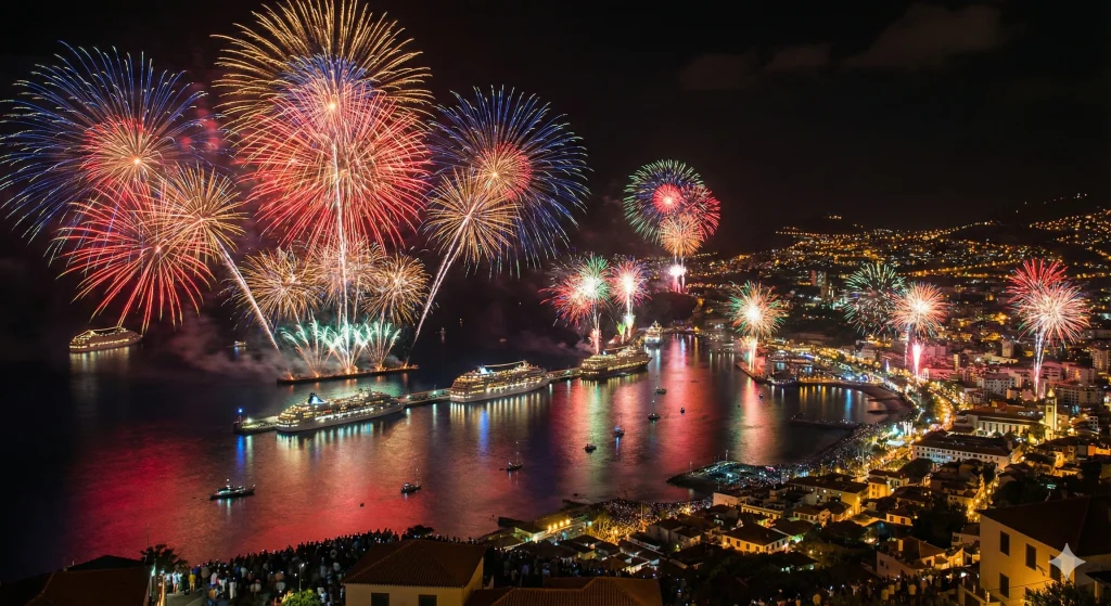 Espetacular queima de fogos na baía do Funchal, Ilha da Madeira, premiado como o maior show pirotécnico do Réveillon na Europa.