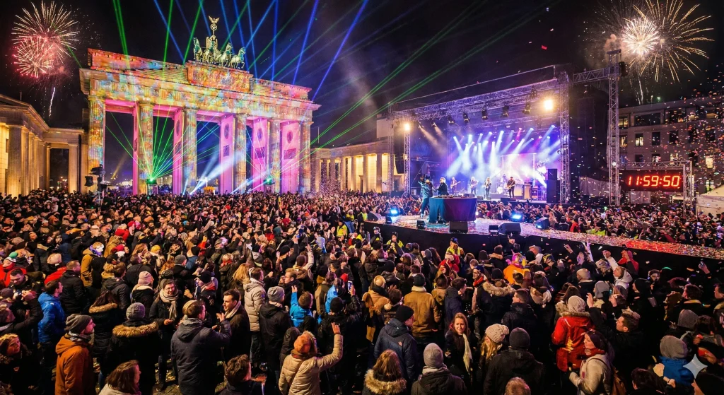 Grande festa de rua no Portão de Brandemburgo em Berlim, opção vibrante para quem busca agito no Réveillon na Europa.