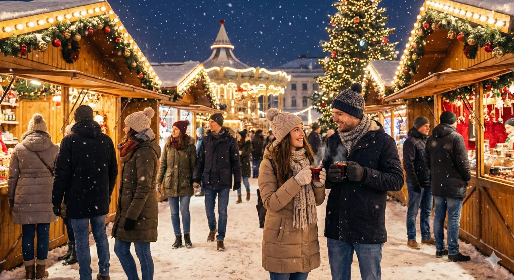 Turistas agasalhados aproveitando o clima de inverno e as luzes de Natal durante uma viagem de fim de ano na Europa.