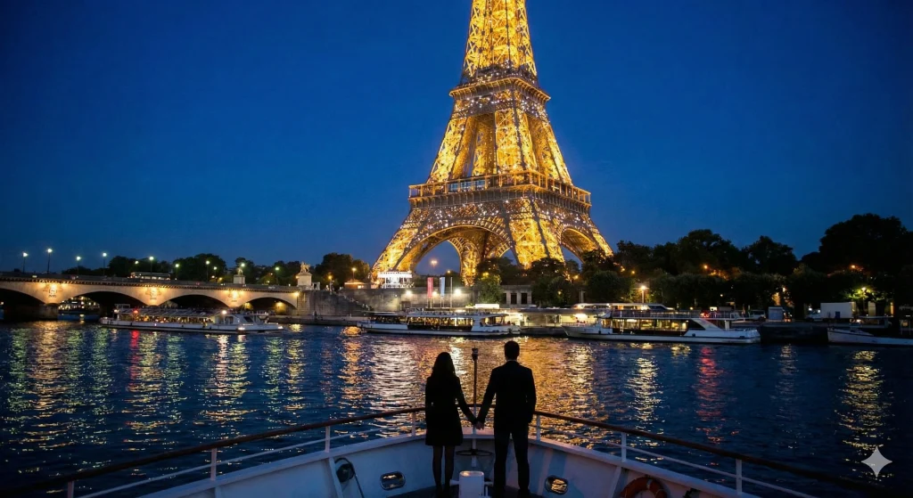 Torre Eiffel iluminada à noite em Paris, um dos destinos mais românticos para passar o Réveillon na Europa.