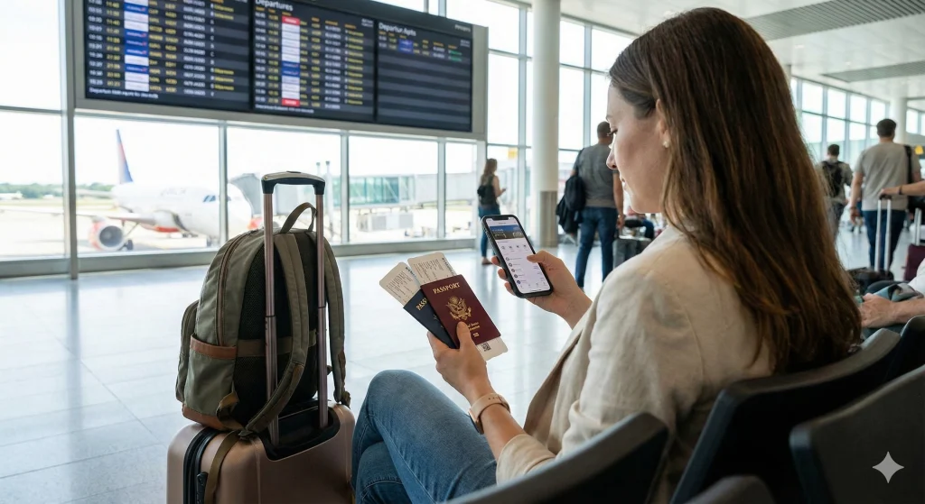 Malas prontas e passaportes no aeroporto, ilustrando a importância da antecedência no planejamento da viagem de Réveillon.