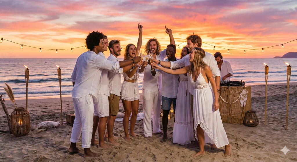 Grupo de amigos brindando com espumante na praia vestidos de branco durante uma viagem de Réveillon.
