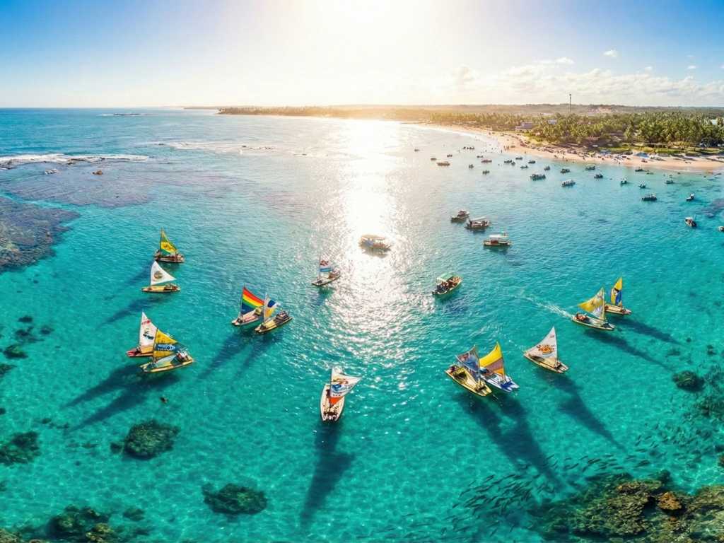 Jangadas coloridas nas piscinas naturais de Porto de Galinhas, Pernambuco, em dia de sol.