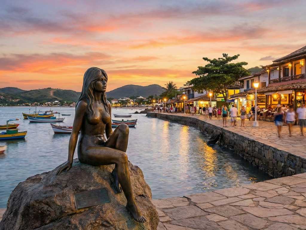 Entardecer na Orla Bardot em Búzios com barcos de pesca e iluminação charmosa.