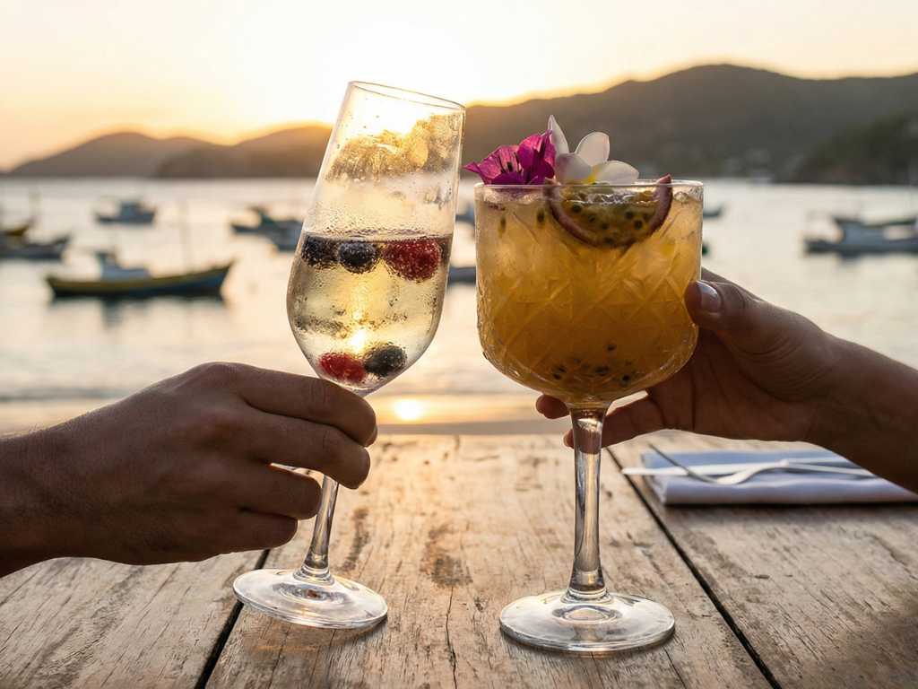 Brinde com drinks em Beach Club sofisticado em Búzios, Região dos Lagos, com vista para o mar.