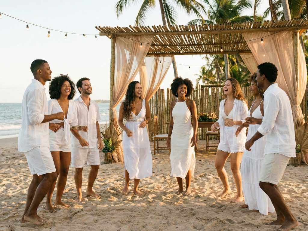 Festa de Réveillon pé na areia em São Miguel dos Milagres com decoração rústica e amanhecer na praia.
