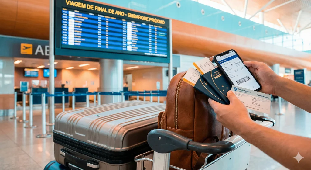 Malas prontas e passaportes na mão para o embarque de uma viagem de final de ano planejada com segurança.