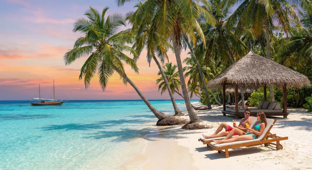 Vista paradisíaca de mar azul turquesa e coqueiros, cenário ideal para quem planeja uma viagem de final de ano relaxante.