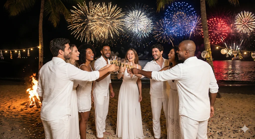 Grupo de amigos vestidos de branco brindando com taças na praia durante a festa de Réveillon em uma viagem de final de ano.