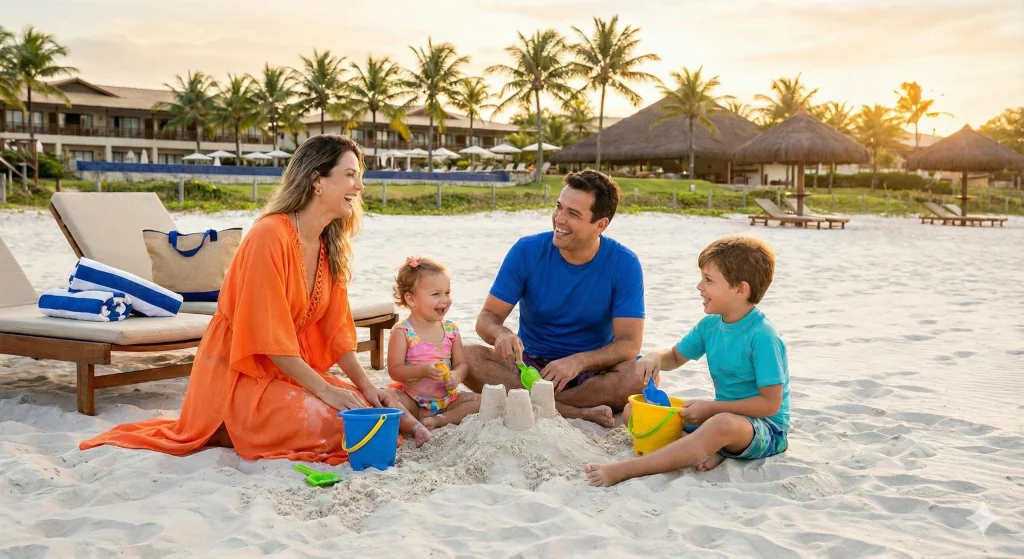 Família com crianças brincando na areia de uma praia tranquila no Nordeste durante as férias de uma viagem de final de ano.