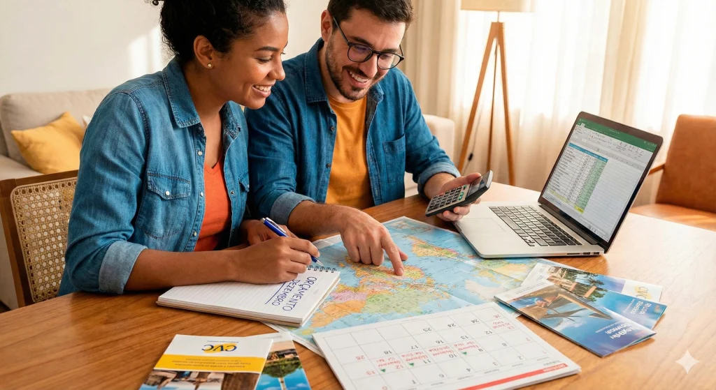 Casal organizando o orçamento e definindo o roteiro com antecedência para garantir a melhor viagem de final de ano.
