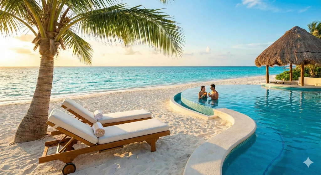 Resort All Inclusive em Cancún de frente para o mar do Caribe, opção internacional relaxante para viagem de fim de ano.