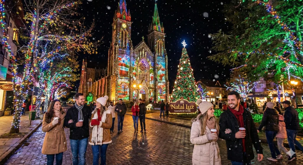 Decoração iluminada do Natal Luz em Gramado, um dos melhores lugares para viajar em dezembro no Brasil para curtir o espírito natalino.