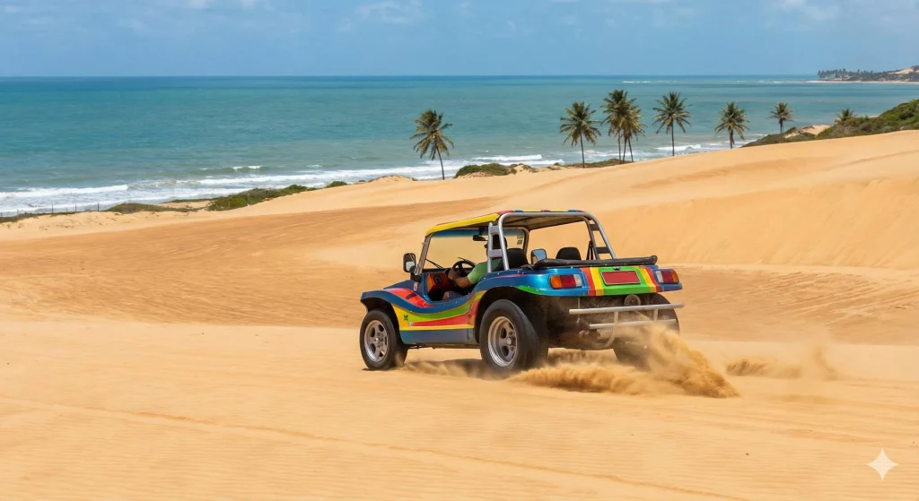 Legenda: Emoção garantida: Ponta Negra é o ponto de partida estratégico para os famosos passeios de buggy pelo litoral.
