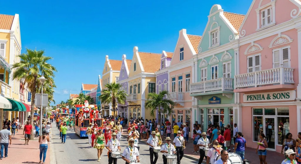 O que fazer em Aruba: Charme holandês no Caribe: o centrinho de Oranjestad encanta com sua arquitetura colorida, bondinhos gratuitos e ótimas opções de compras.