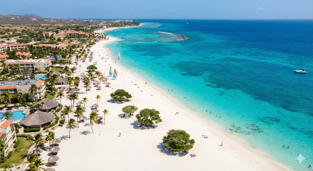 Um mar de cartão-postal: Eagle Beach impressiona com sua extensa faixa de areia branca e águas tranquilas, longe da agitação dos grandes hotéis.