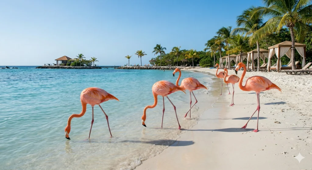 O clique mais desejado de Aruba: os famosos flamingos habitam a exclusiva Renaissance Island e o acesso exige planejamento.