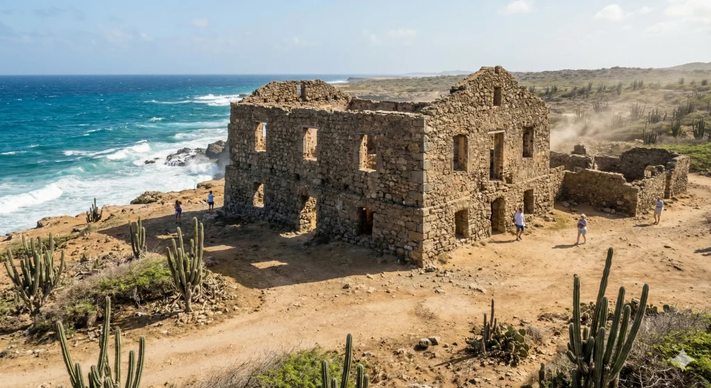 O que fazer em Aruba: História e paisagens dramáticas: as Ruínas de Bushiribana, na costa norte, revelam o passado de mineração de ouro da ilha em contraste com o mar agitado.