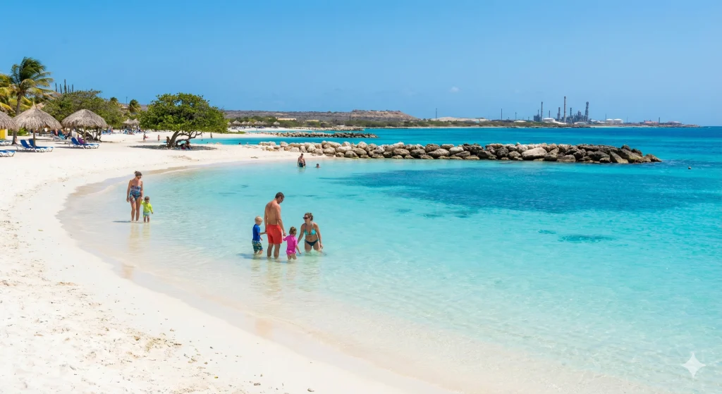 O que fazer em Aruba: Uma piscina natural gigante: Baby Beach é famosa por suas águas rasas, mornas e sem ondas, perfeitas para relaxar ou praticar snorkel.
