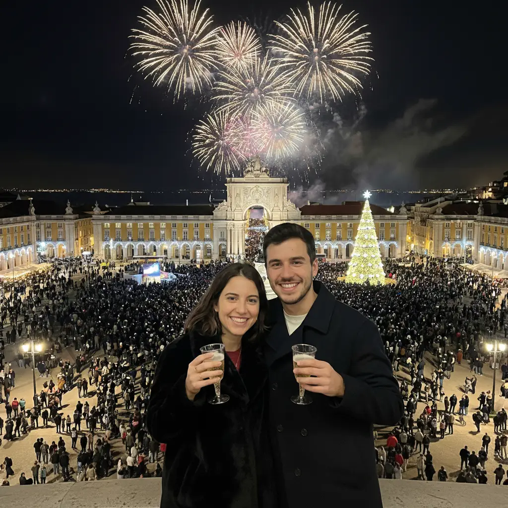 Casal celebrando o ano novo em um destino urbano internacional, uma opção econômica para viagem de Réveillon.