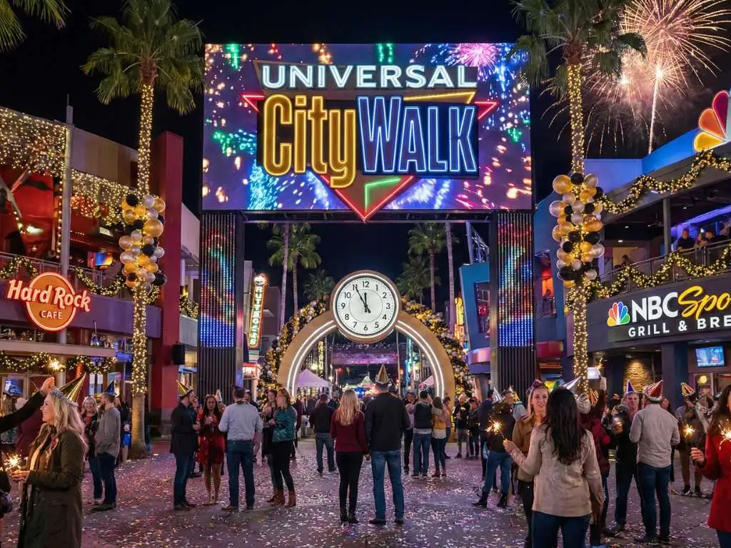 Entrada da Universal CityWalk com luzes e decoração de festa de Ano Novo.