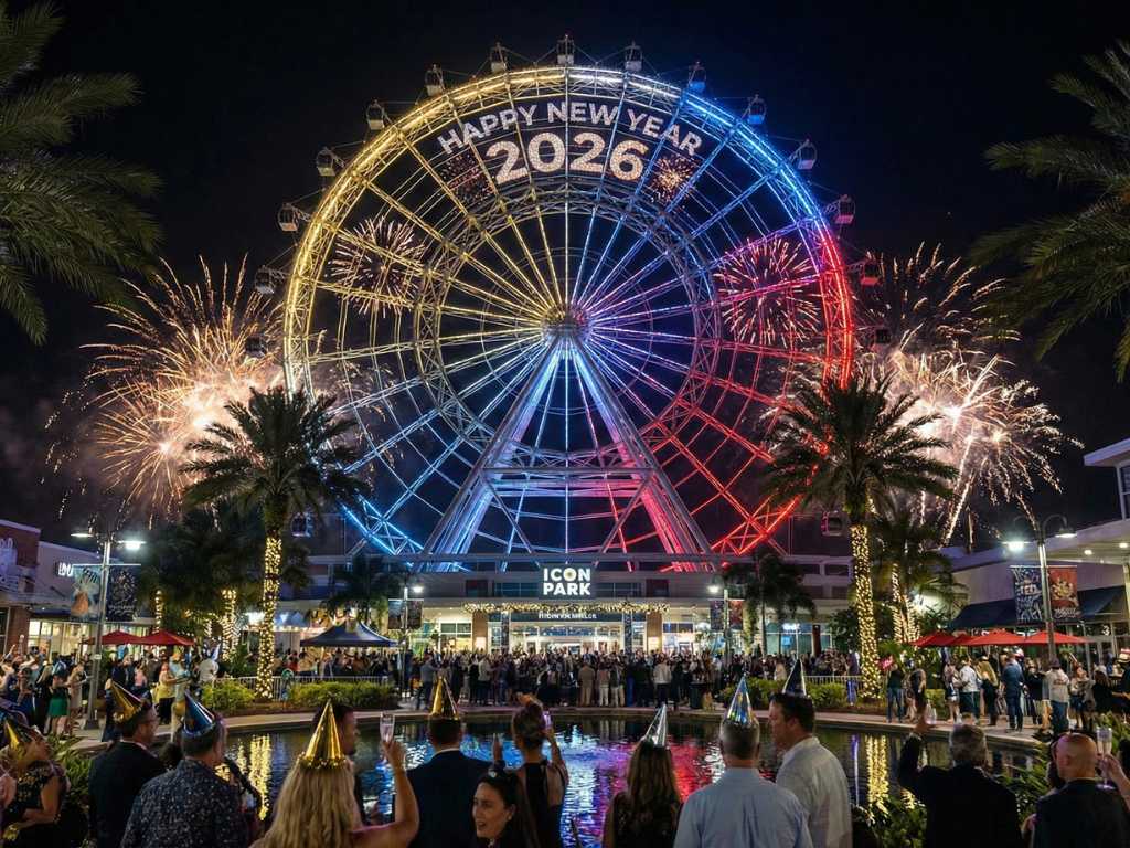 Roda-gigante The Wheel no ICON Park iluminada para o Ano Novo em Orlando.