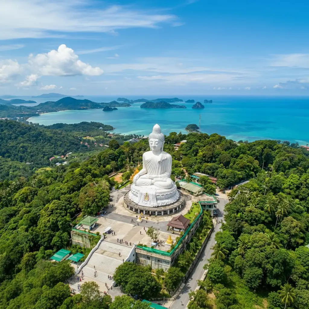 O Grande Buda de mármore branco em Phuket é um ícone de paz e espiritualidade na viagem para Tailândia.