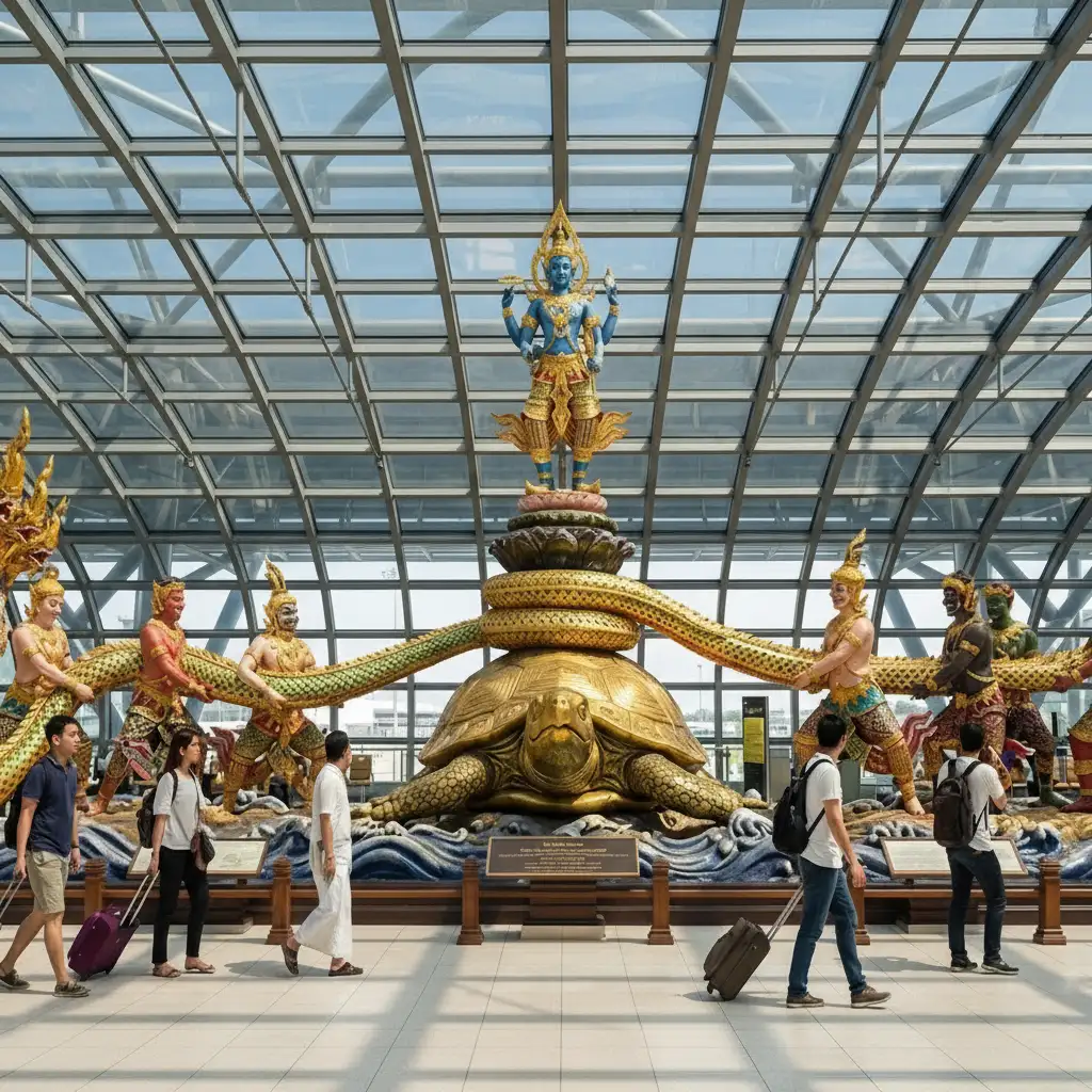 A imponente arte mitológica no aeroporto já lhe dá as boas-vindas para uma inesquecível viagem para Tailândia.