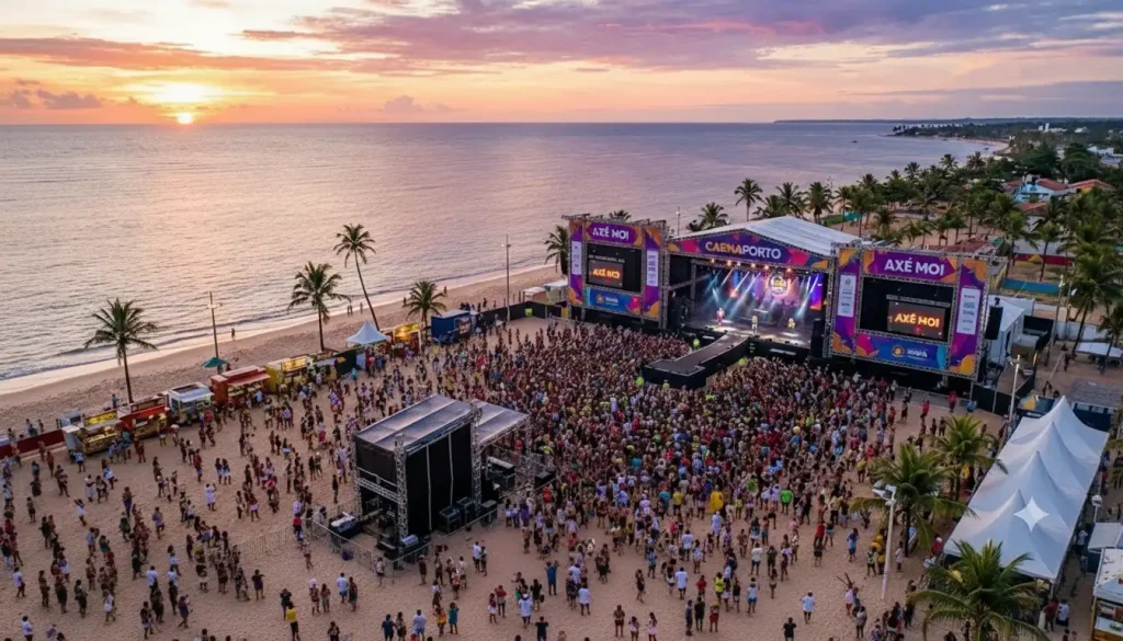 Uma festa que vai até o sol raiar: a vista aérea mostra a grandiosidade da folia que toma conta da orla no Carnaval em Porto Seguro.