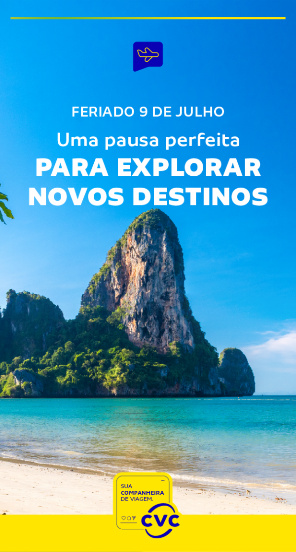 Vista do Pão de Açúcar e marina com barcos no Rio de Janeiro em dia ensolarado. Texto sobreposto: “No feriado de Tiradentes, conheça novos lugares”. Ícone de avião no topo e, na base, “Sua companheira de Viagem” e logotipo CVC