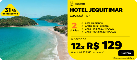 2 Diárias no HOTEL JEQUITIMAR no Guarujá
