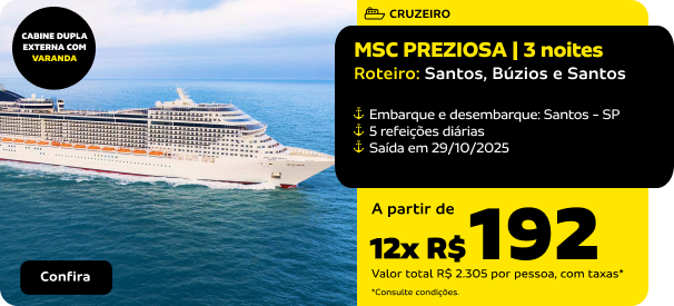 MSC PREZIOSA | 3 noites | Santos, Búzios e Santos