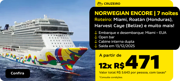 NORWEGIAN ENCORE | 7 noites  | Miami, Roatán (Honduras), Harvest Caye (Belize) e muito mais!