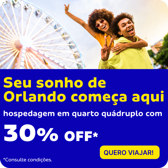 Seu sonho de Orlando começa aqui. Hospedagem em quarto quádruplo com 30%OFF