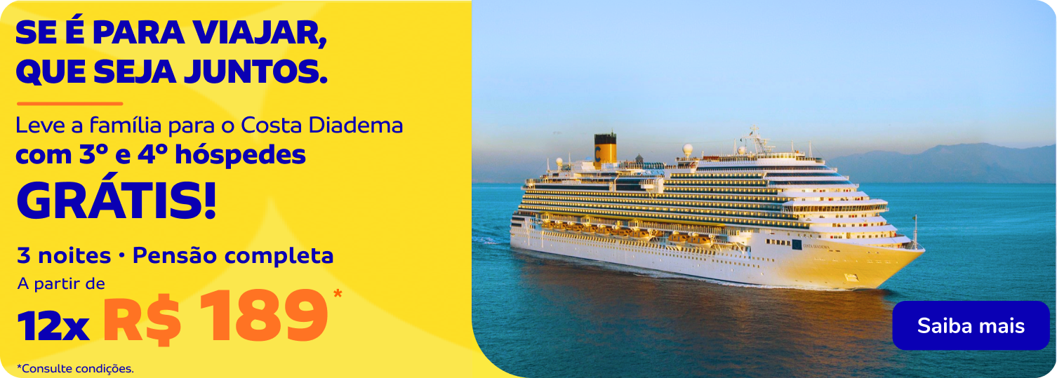 Leve a família para o Costa Diadema com 3º e 4º hóspedes grátis